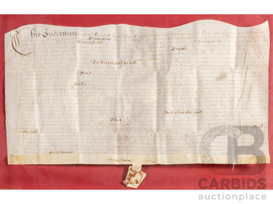 17th Century English Legal Indenture, Dated 18th August 1666, Ink on Vellum with Wax Seal, 38H x 61W cm (frame dimensions)