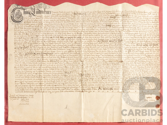 Antique English 18th Century Tripartite Indenture, Dated June 2, 1712, Ink on Parchment Paper with Pair of Wax Seals, 55H x 64W cm (frame dimensions)