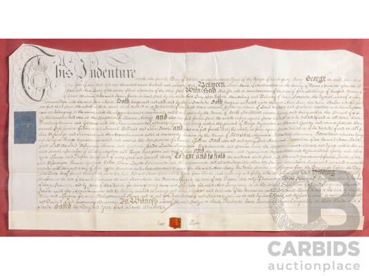 Antique English 18th Century Tripartite Indenture, Dated 4 October 1773, Ink on Lined Parchment Paper, 40H x 64W cm (frame dimensions)