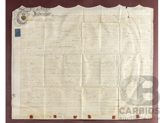 Antique English 18th Century Quadrupartite Indenture, Dated February 8, 1762, Ink on Vellum Paper, 93H x 110W cm (frame dimensions)