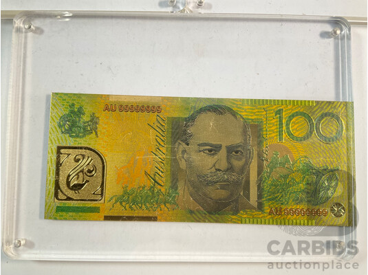 Nine Australian Gold Leaf Banknotes, Paper Series One to One Hundred Dollars, Bicentennial and Polymer One Hundred