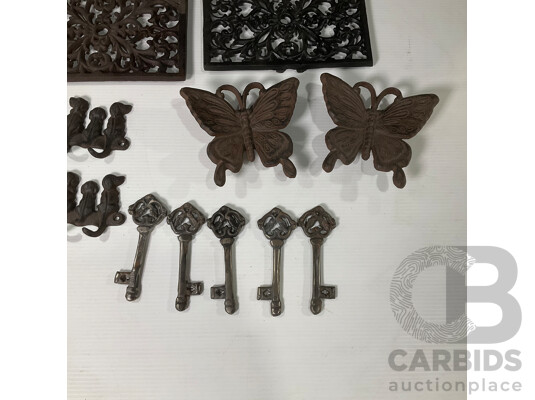 Collection of Cast Iron Including Air Brick Vent, Soap Dish, Butterflies, Dog Key Hook and Keys