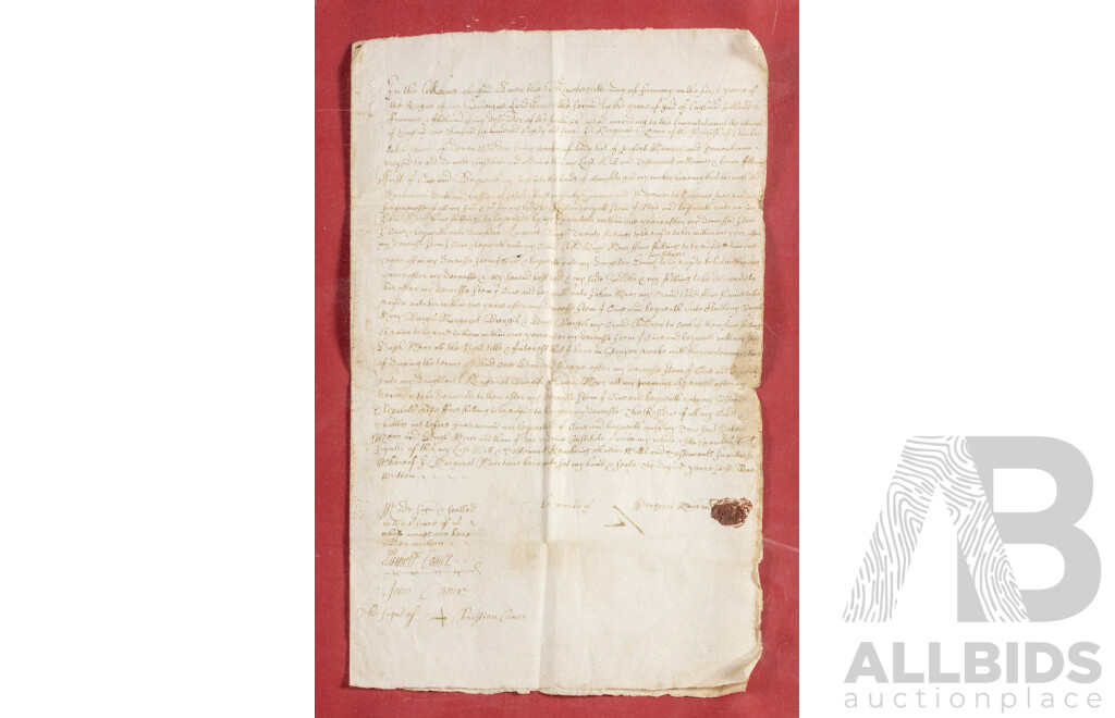 Antique English 17th Century Last Will and Testament, Dated January 19, 1684, Ink on Parchment Paper with Wax Seal, 40H x 26W cm (frame dimensions)