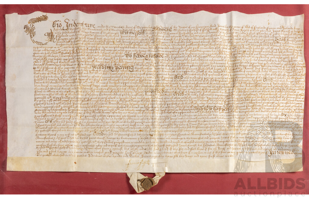 Antique 17th Century English Legal Land Indenture for Sir Francis Fulford (c1583-1664), Ink on Vellum with Wax Seal, 42H x 68W cm (frame dimensions)