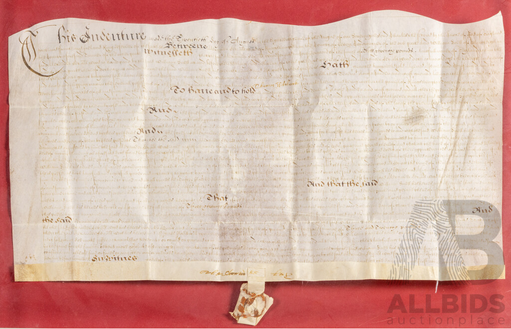 17th Century English Legal Indenture, Dated 18th August 1666, Ink on Vellum with Wax Seal, 38H x 61W cm (frame dimensions)