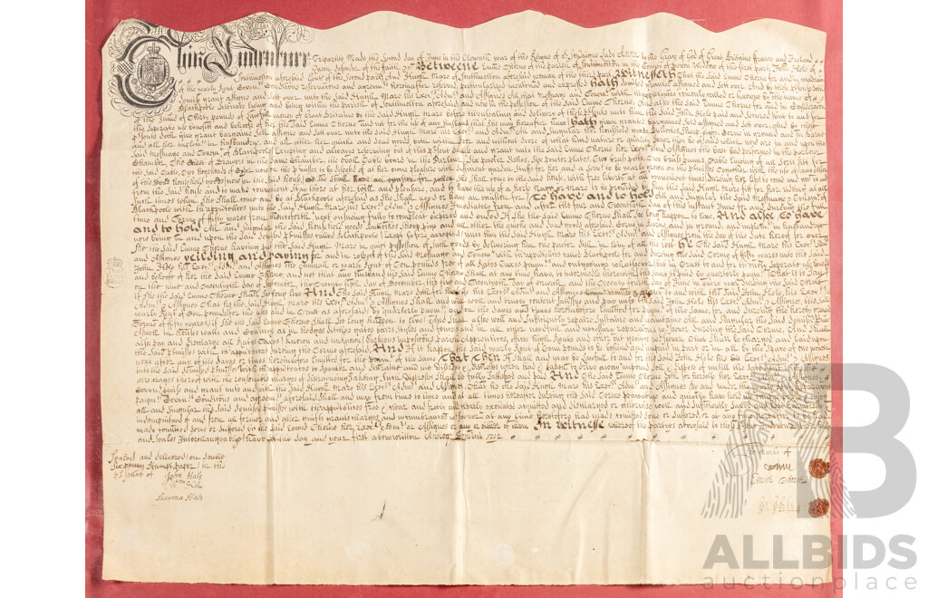 Antique English 18th Century Tripartite Indenture, Dated June 2, 1712, Ink on Parchment Paper with Pair of Wax Seals, 55H x 64W cm (frame dimensions)