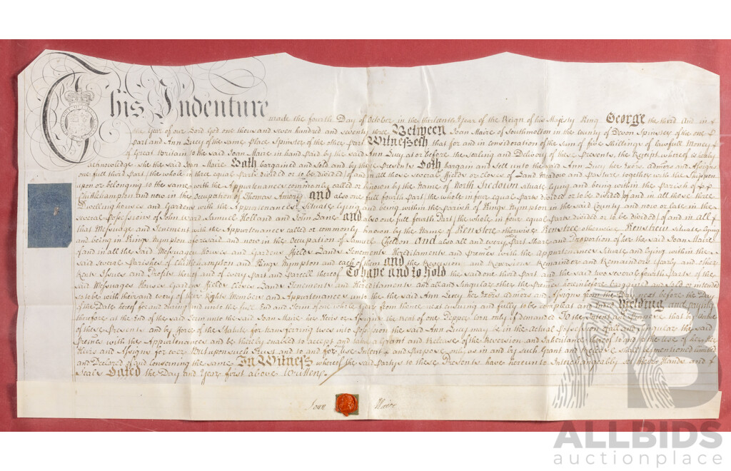 Antique English 18th Century Tripartite Indenture, Dated 4 October 1773, Ink on Lined Parchment Paper, 40H x 64W cm (frame dimensions)