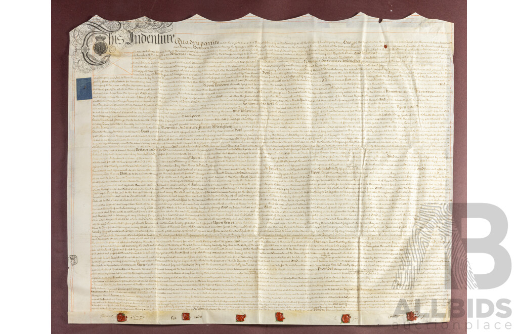 Antique English 18th Century Quadrupartite Indenture, Dated February 8, 1762, Ink on Vellum Paper, 93H x 110W cm (frame dimensions)