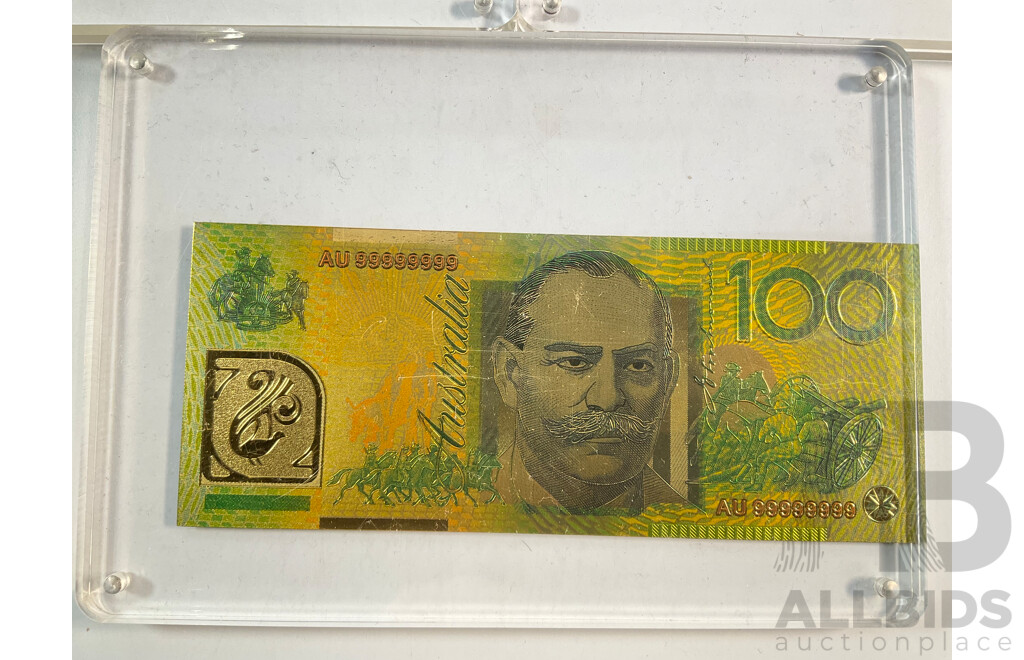Nine Australian Gold Leaf Banknotes, Paper Series One to One Hundred Dollars, Bicentennial and Polymer One Hundred