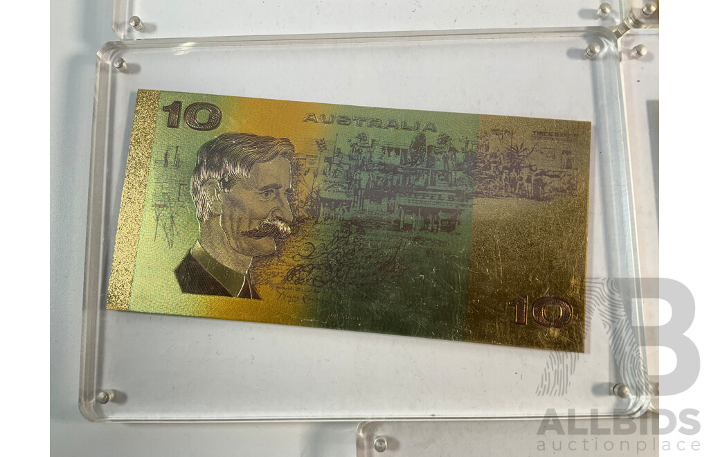 Nine Australian Gold Leaf Banknotes, Paper Series One to One Hundred Dollars, Bicentennial and Polymer One Hundred