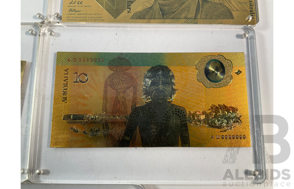 Nine Australian Gold Leaf Banknotes, Paper Series One to One Hundred Dollars, Bicentennial and Polymer One Hundred