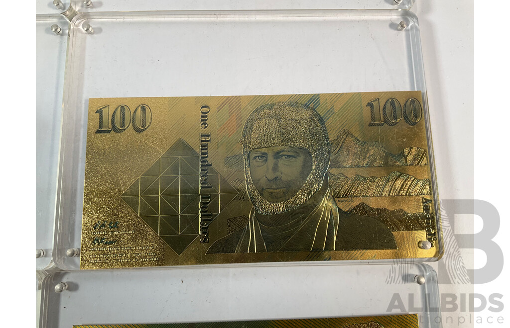 Nine Australian Gold Leaf Banknotes, Paper Series One to One Hundred Dollars, Bicentennial and Polymer One Hundred