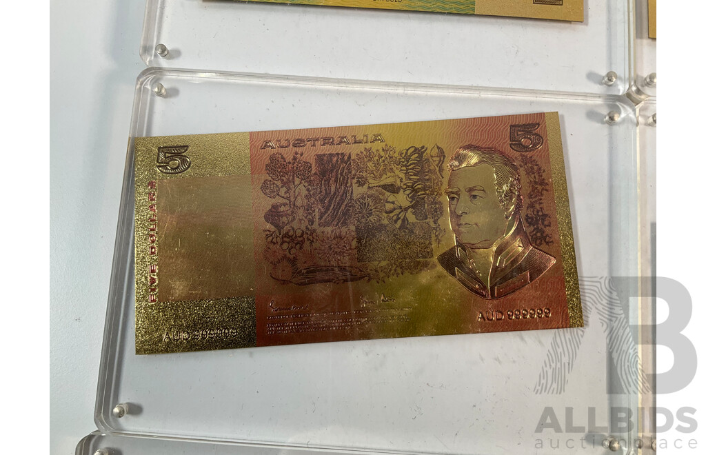 Nine Australian Gold Leaf Banknotes, Paper Series One to One Hundred Dollars, Bicentennial and Polymer One Hundred