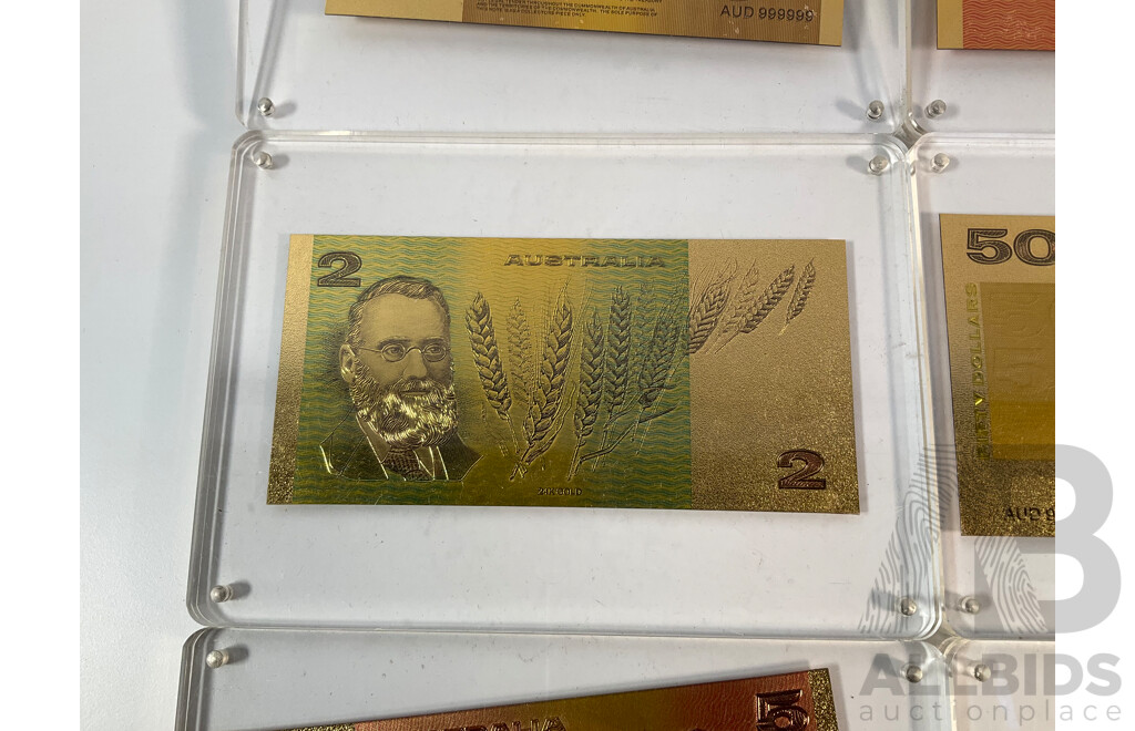 Nine Australian Gold Leaf Banknotes, Paper Series One to One Hundred Dollars, Bicentennial and Polymer One Hundred