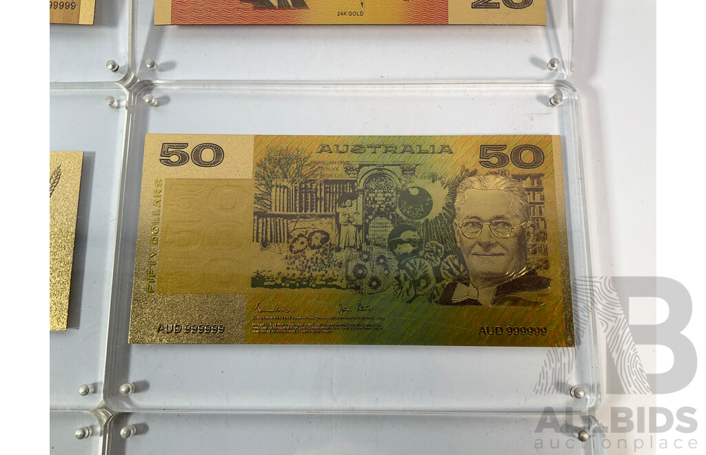 Nine Australian Gold Leaf Banknotes, Paper Series One to One Hundred Dollars, Bicentennial and Polymer One Hundred