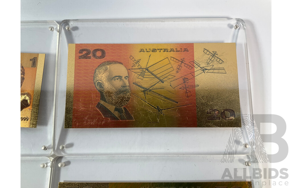 Nine Australian Gold Leaf Banknotes, Paper Series One to One Hundred Dollars, Bicentennial and Polymer One Hundred