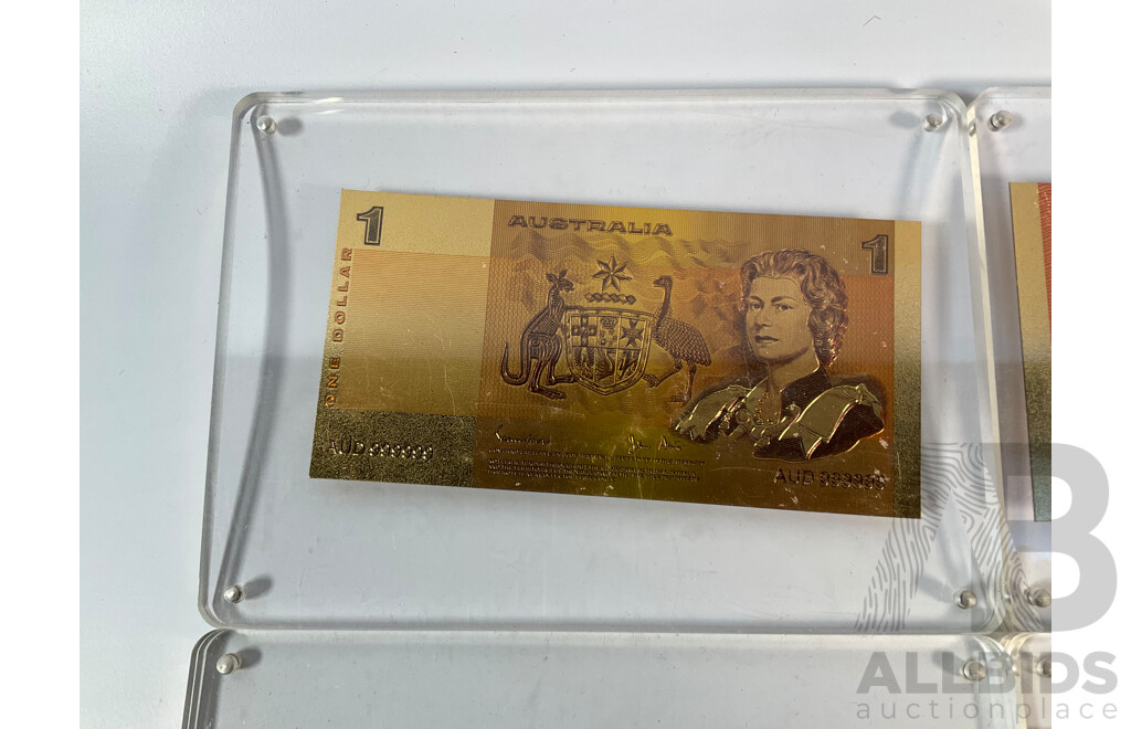 Nine Australian Gold Leaf Banknotes, Paper Series One to One Hundred Dollars, Bicentennial and Polymer One Hundred