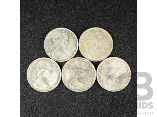 Five Australian 1966 Round Silver Fifty Cent Coins .800
