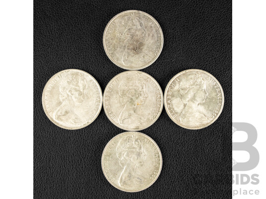 Five Australian 1966 Round Silver Fifty Cent Coins .800