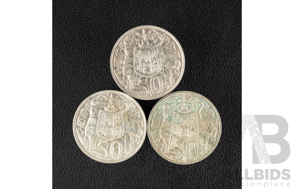 Three Australian 1966 Round Silver Fifty Cent Coins .800