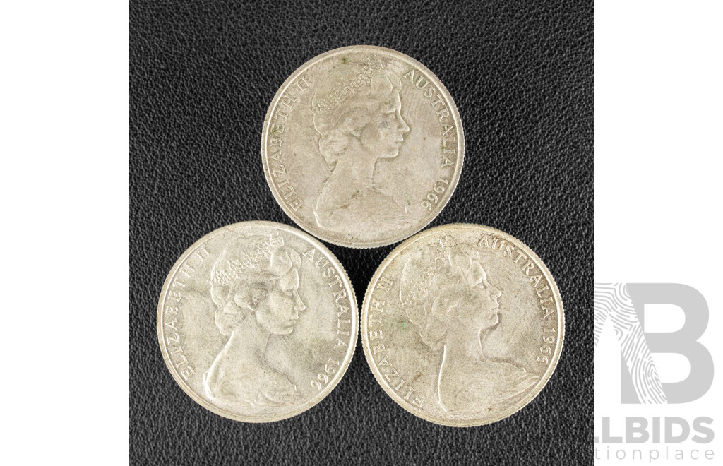 Three Australian 1966 Round Silver Fifty Cent Coins .800