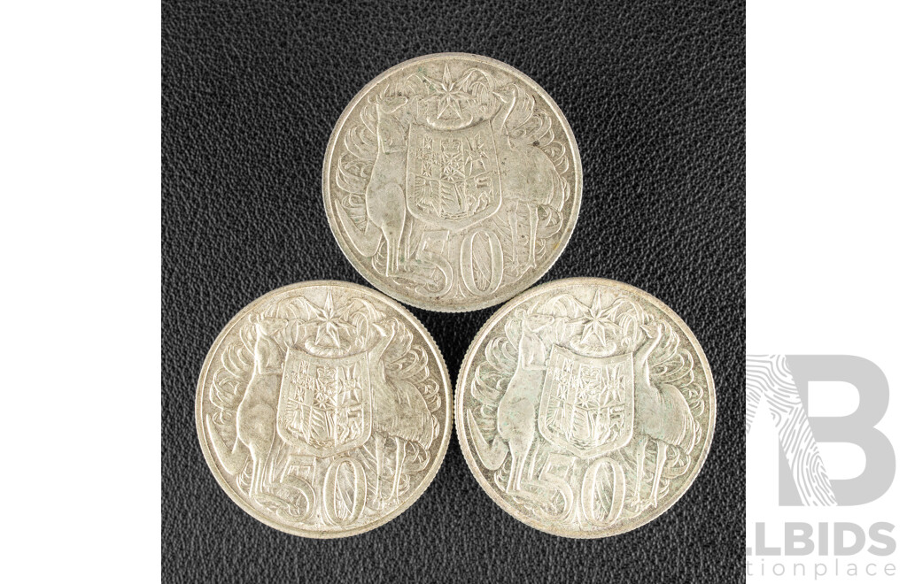 Three Australian 1966 Round Silver Fifty Cent Coins .800
