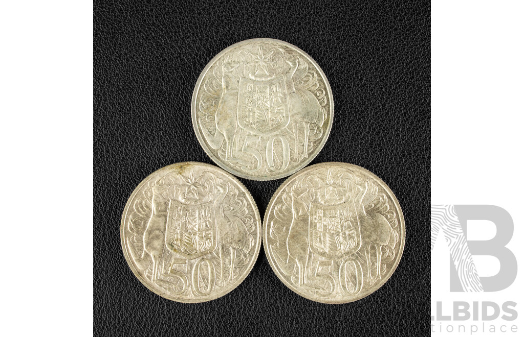 Three Australian 1966 Round Silver Fifty Cent Coins .800