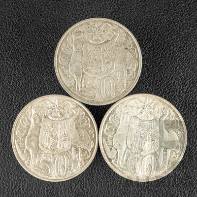 Three Australian 1966 Round Silver Fifty Cent Coins .800