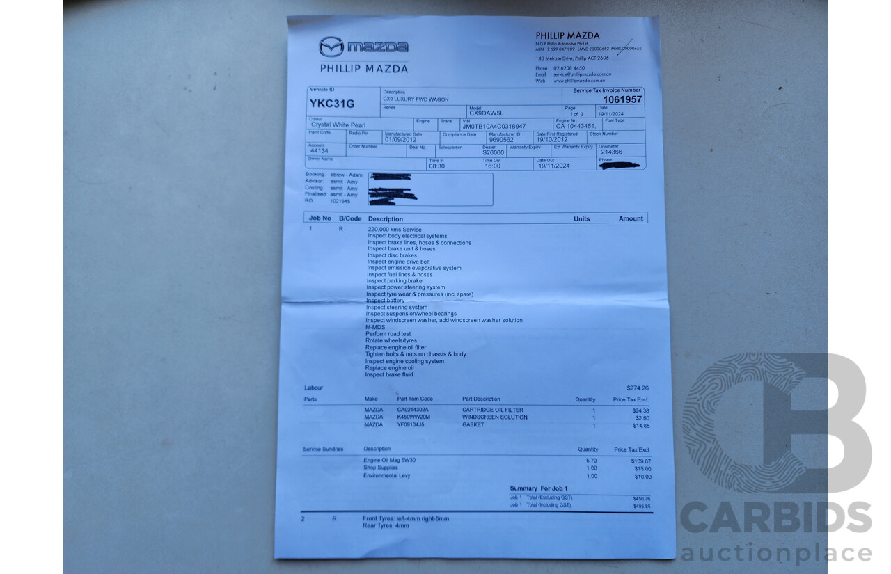 09/2012 Mazda Cx-9 Luxury 10 UPGRADE 4d Wagon White 3.7L