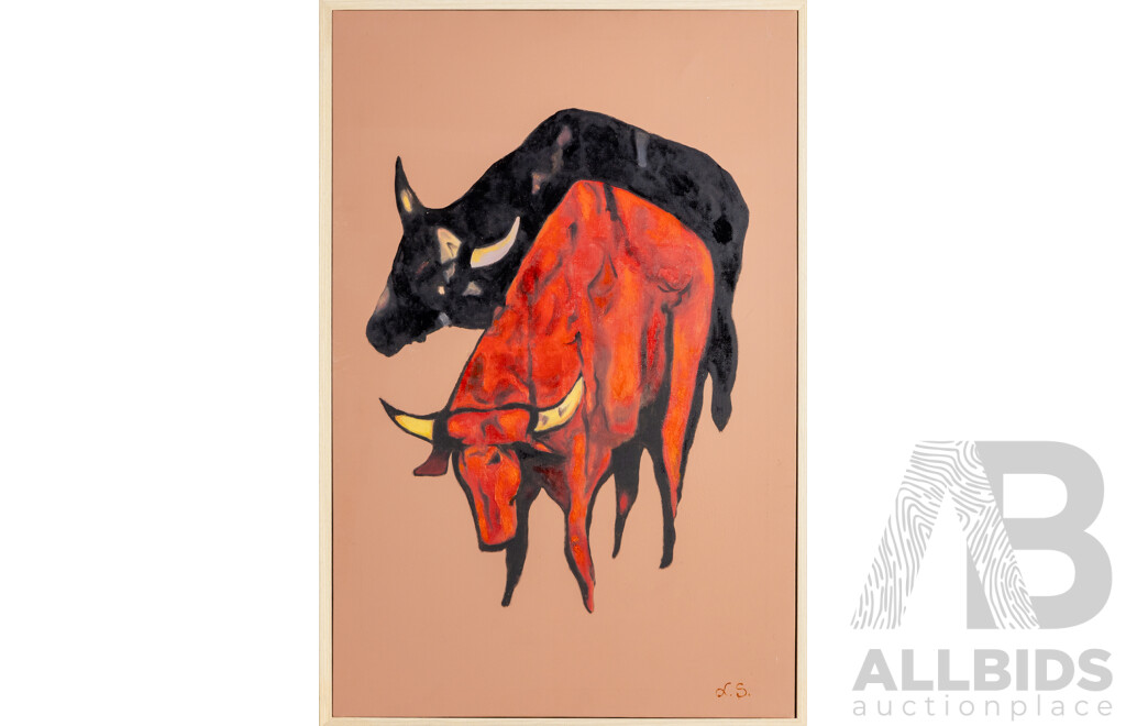 Lazo Stankovic, (20th Century, Australian) Untitled - Bull Fight,  Wonderful Original Mid-Century Style Oil on Canvas, 60H x 40W cm (frame)