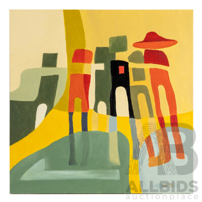 Lazo Stankovic, (20th Century, Australian) Untitled - Abstract Cityscape, Wonderful Original Mid-Century Style Oil on Canvas, 61H x 61W cm