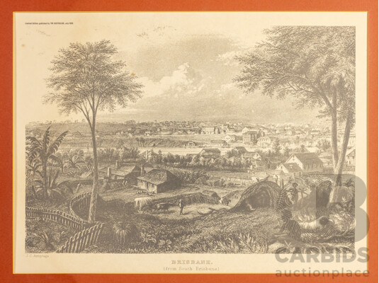 Brisbane (From South Brisbane) (1968), Historic Vintage Print, After Original Painting & Engraving by J.C.Armytage (c1874), 65H x 82W cm (frame)