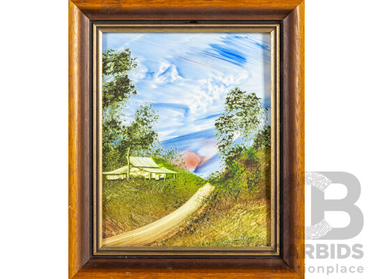Jim Crofts, (20th Century, Australian, 1922-), Untitled - Toward Day's End, Settlers Cottage & Scrub Country, Collection of Three Original Oil on Masonite Boards, 32H x 26W cm (frame Largest) (3)