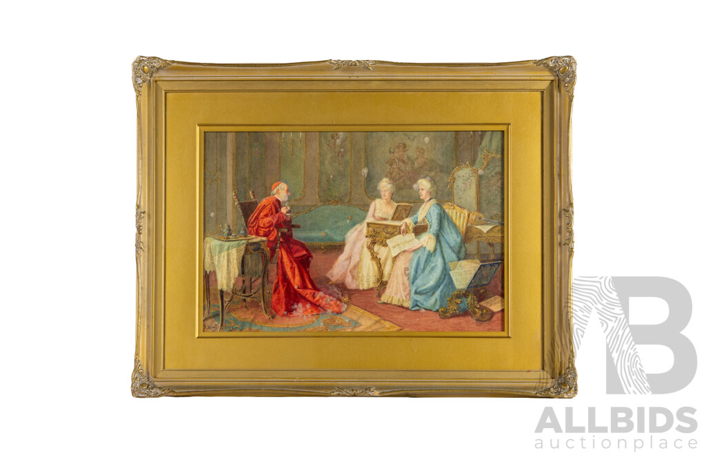Antonio Moretti (19/20th Centuries, Italian, 1881-1965), Tea with the Clergy, Wonderful Antique Watercolour, 60H x 77W cm (frame)