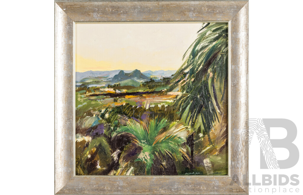 Ian Henderson (20th Century, British-Born Australian, 1939-), Katiliya Morning (2016), Original Oil on Board, 53.5H x 53.5W cm (frame)