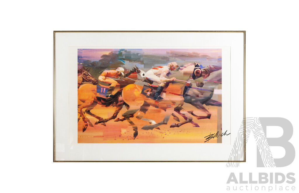 Charles Billich (20th Century, Croatian-Born Australian, 1934-), Race Horses, Original Offset Print After Original, 67H x 98W cm (frame)