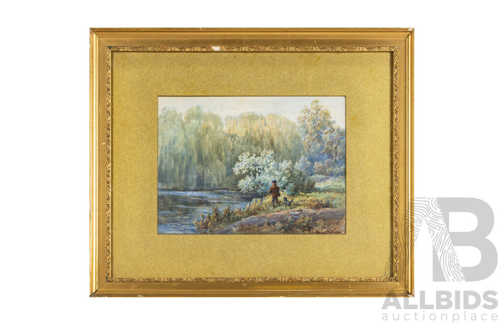 Herbert Woodhouse (20th Century, British-Born Australian, 1855-1920), Going Fishing, Wonderful Original Antique Watercolour, 47H x 57W cm (frame)