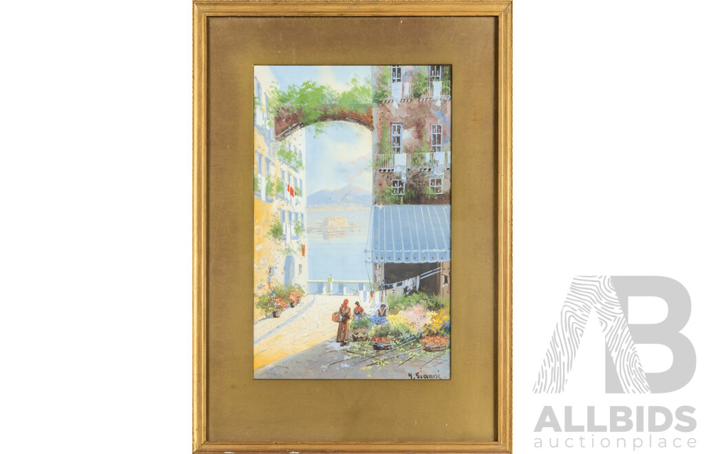Y(ves) Gianni (Late 19th/Early 20th Centuries, Italian), Neapolitan Street Scene, Lovely Original Antique Gouache & Watercolour, 69H x 49W cm (frame)
