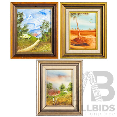 Jim Crofts, (20th Century, Australian, 1922-), Untitled - Toward Day's End, Settlers Cottage & Scrub Country, Collection of Three Original Oil on Masonite Boards, 32H x 26W cm (frame Largest) (3)