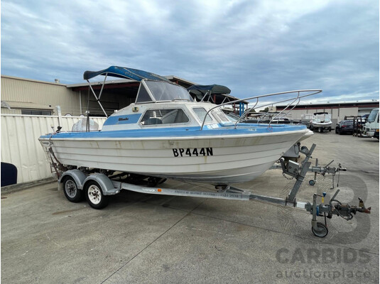 1662415 · NO RESERVE - Savage Atlantic Half Cabin, 200HP Johnson Engine, Dual Axle Trailer