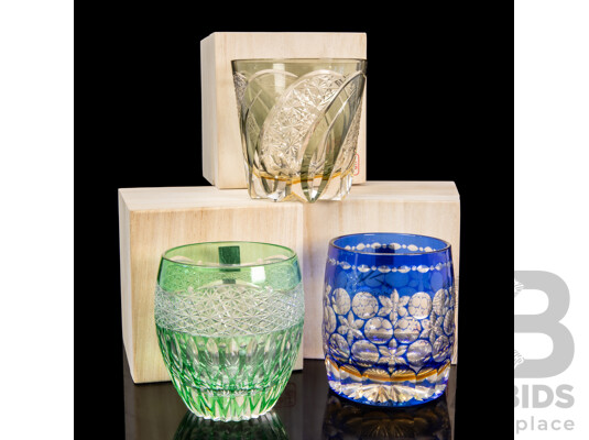 Set of Three Japanese Kagami Crystal Edo Kiriko Tumblers in Paulownia Boxes