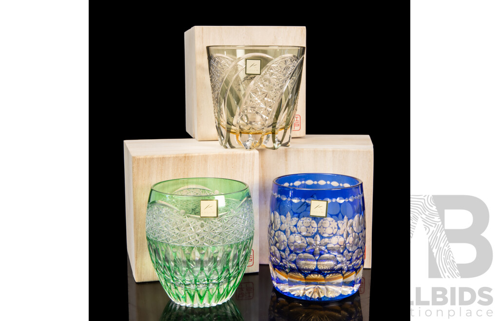 Set of Three Japanese Kagami Crystal Edo Kiriko Tumblers in Paulownia Boxes