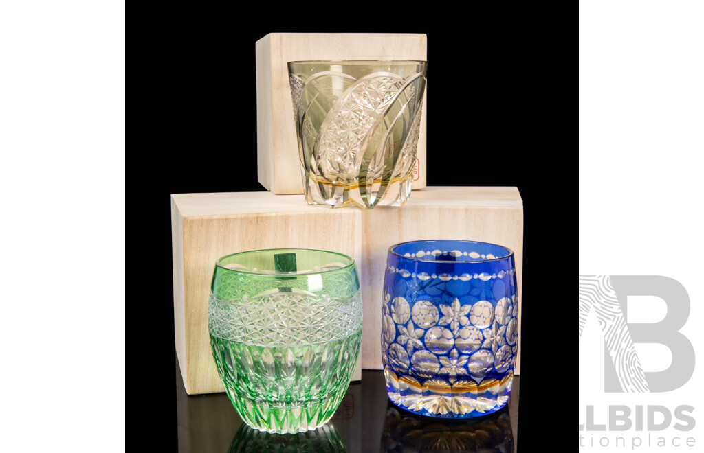 Set of Three Japanese Kagami Crystal Edo Kiriko Tumblers in Paulownia Boxes