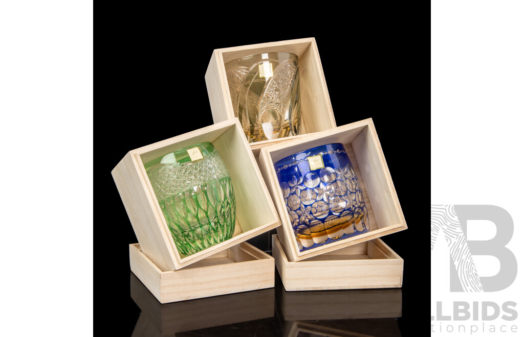 Set of Three Japanese Kagami Crystal Edo Kiriko Tumblers in Paulownia Boxes