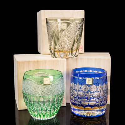 Set of Three Japanese Kagami Crystal Edo Kiriko Tumblers in Paulownia Boxes