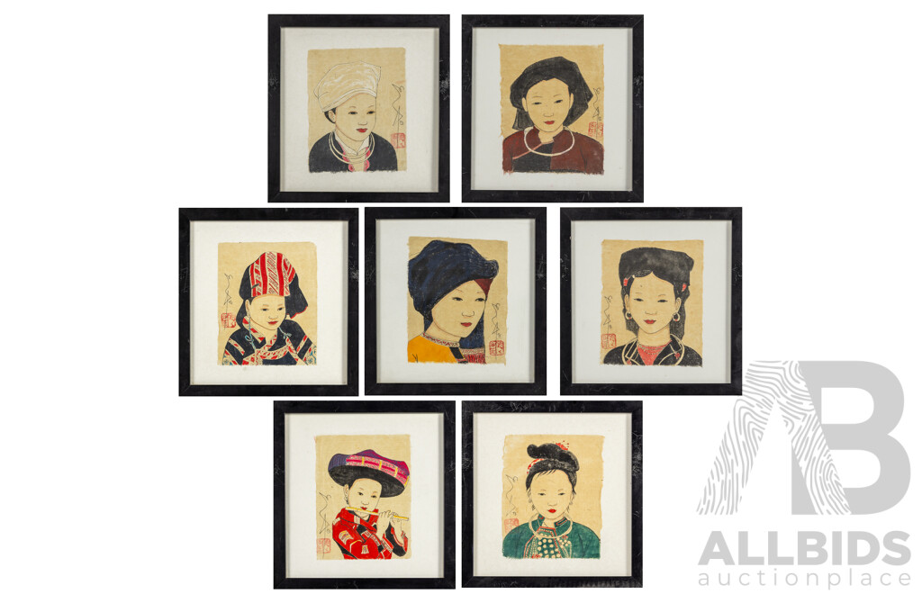 Artist Unknown (20th Century, Vietnamese), Wonderful Collection of Seven Portraits of Young Child in Varied Headdresses, of Original Watercolour, Gouache & Ink of Handmade Paper [Giay Do], 31H x 30W cm (frame) (7)