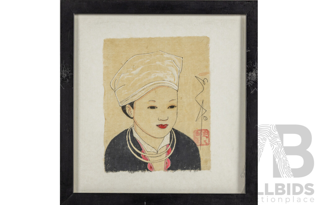 Artist Unknown (20th Century, Vietnamese), Wonderful Collection of Seven Portraits of Young Child in Varied Headdresses, of Original Watercolour, Gouache & Ink of Handmade Paper [Giay Do], 31H x 30W cm (frame) (7)