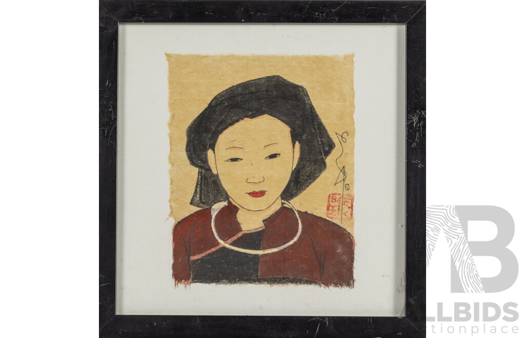 Artist Unknown (20th Century, Vietnamese), Wonderful Collection of Seven Portraits of Young Child in Varied Headdresses, of Original Watercolour, Gouache & Ink of Handmade Paper [Giay Do], 31H x 30W cm (frame) (7)