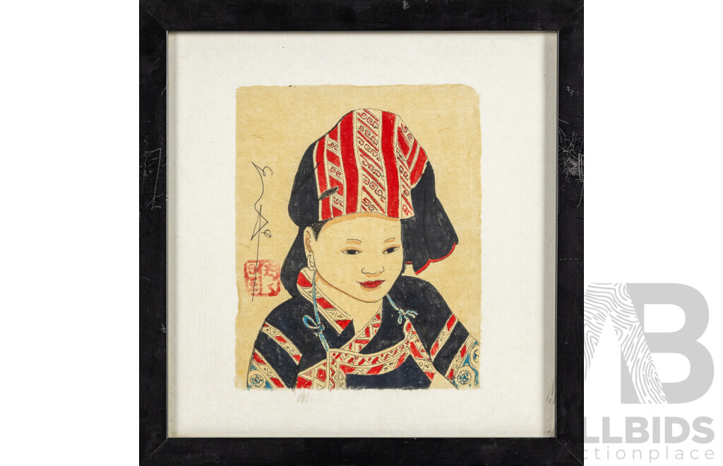 Artist Unknown (20th Century, Vietnamese), Wonderful Collection of Seven Portraits of Young Child in Varied Headdresses, of Original Watercolour, Gouache & Ink of Handmade Paper [Giay Do], 31H x 30W cm (frame) (7)