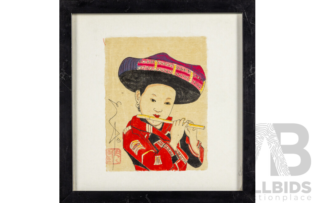 Artist Unknown (20th Century, Vietnamese), Wonderful Collection of Seven Portraits of Young Child in Varied Headdresses, of Original Watercolour, Gouache & Ink of Handmade Paper [Giay Do], 31H x 30W cm (frame) (7)